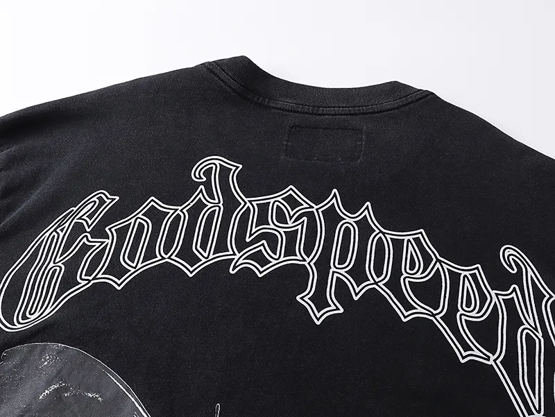 1026# P126 Washed Black Real Shot Godspeed American Fashion Rock Street Retro Washed Distressed Printed Cotton Short Sleeves Fabric: 250g 32 Count Fine Cotton Double Yarn Pure Cotton Color: Washed Black Size: S M L XL