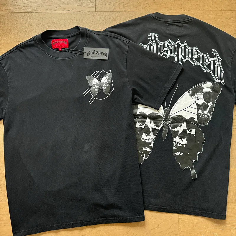 1026# P126 Washed Black Real Shot Godspeed American Fashion Rock Street Retro Washed Distressed Printed Cotton Short Sleeves Fabric: 250g 32 Count Fine Cotton Double Yarn Pure Cotton Color: Washed Black Size: S M L XL