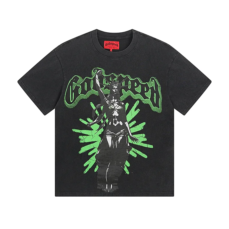 1061# P126 Washed Black Real Shot Godspeed American Fashion Rock Street Retro Washed Distressed Printed Cotton Short Sleeves Fabric: 250g 32 Count Fine Cotton Double Yarn Pure Cotton Color: Washed Black Size: S M L XL