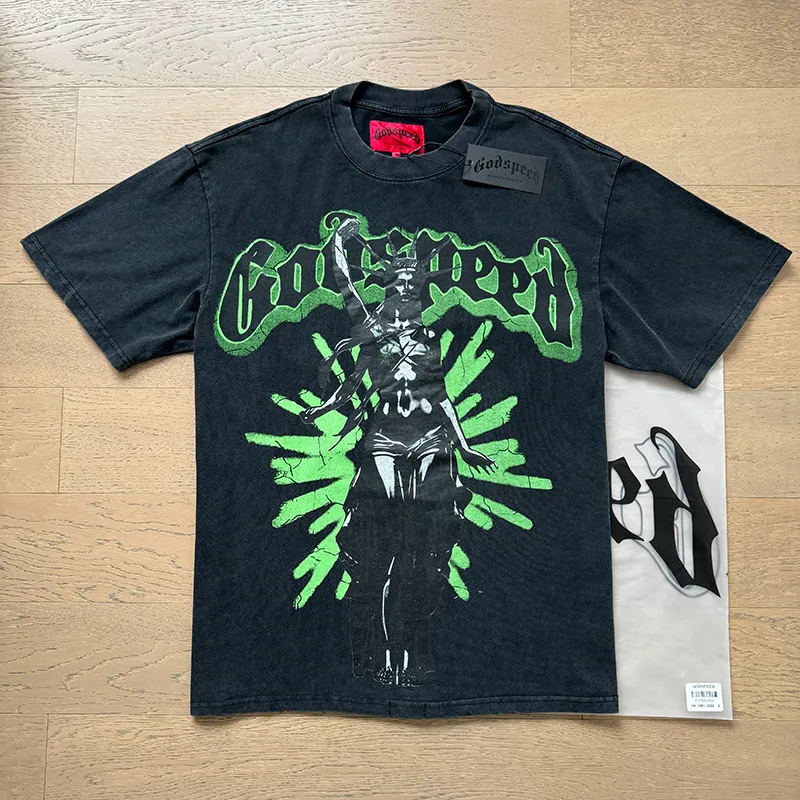 1061# P126 Washed Black Real Shot Godspeed American Fashion Rock Street Retro Washed Distressed Printed Cotton Short Sleeves Fabric: 250g 32 Count Fine Cotton Double Yarn Pure Cotton Color: Washed Black Size: S M L XL