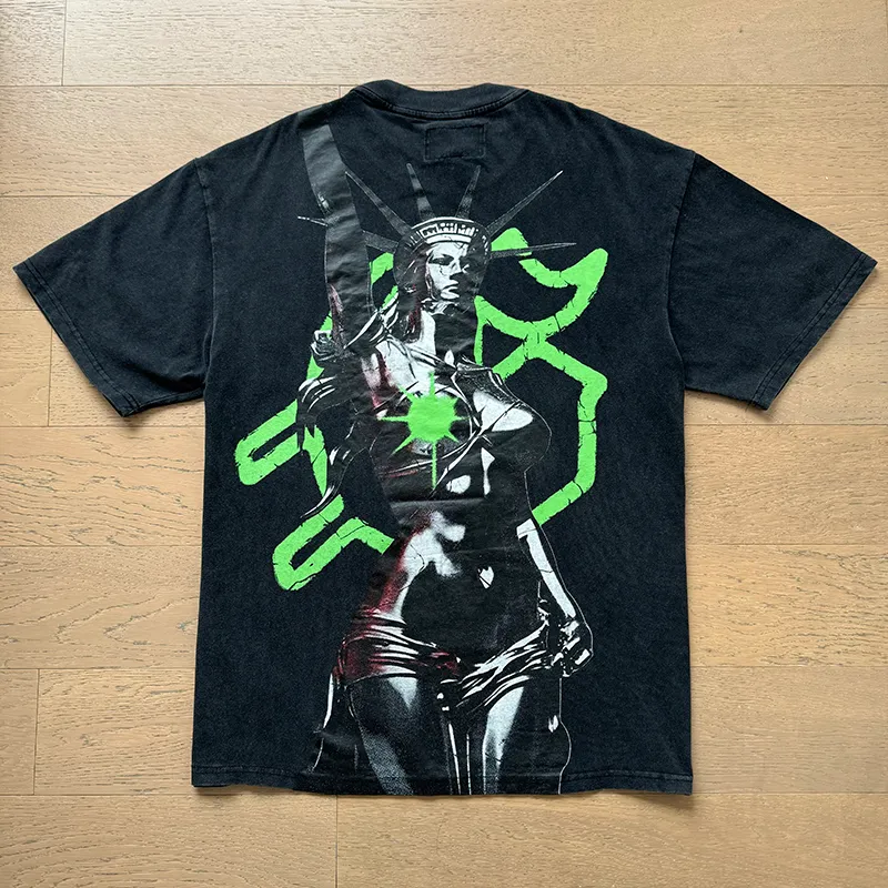 1061# P126 Washed Black Real Shot Godspeed American Fashion Rock Street Retro Washed Distressed Printed Cotton Short Sleeves Fabric: 250g 32 Count Fine Cotton Double Yarn Pure Cotton Color: Washed Black Size: S M L XL