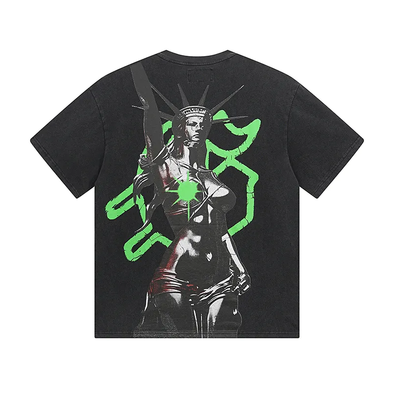 1061# P126 Washed Black Real Shot Godspeed American Fashion Rock Street Retro Washed Distressed Printed Cotton Short Sleeves Fabric: 250g 32 Count Fine Cotton Double Yarn Pure Cotton Color: Washed Black Size: S M L XL