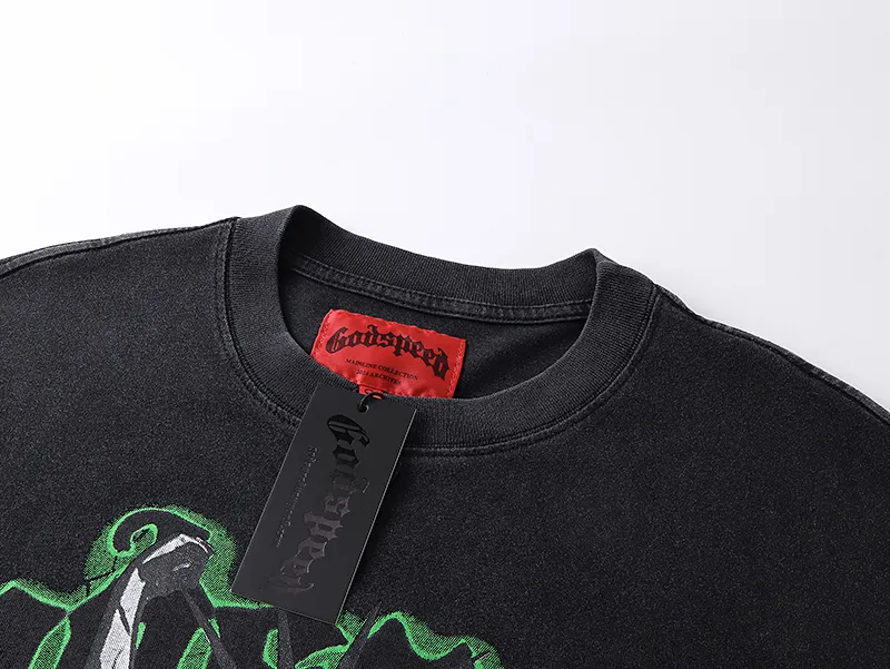 1061# P126 Washed Black Real Shot Godspeed American Fashion Rock Street Retro Washed Distressed Printed Cotton Short Sleeves Fabric: 250g 32 Count Fine Cotton Double Yarn Pure Cotton Color: Washed Black Size: S M L XL