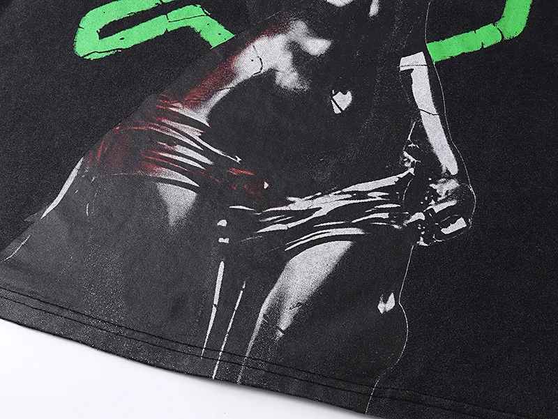 1061# P126 Washed Black Real Shot Godspeed American Fashion Rock Street Retro Washed Distressed Printed Cotton Short Sleeves Fabric: 250g 32 Count Fine Cotton Double Yarn Pure Cotton Color: Washed Black Size: S M L XL