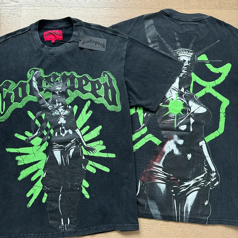 1061# P126 Washed Black Real Shot Godspeed American Fashion Rock Street Retro Washed Distressed Printed Cotton Short Sleeves Fabric: 250g 32 Count Fine Cotton Double Yarn Pure Cotton Color: Washed Black Size: S M L XL
