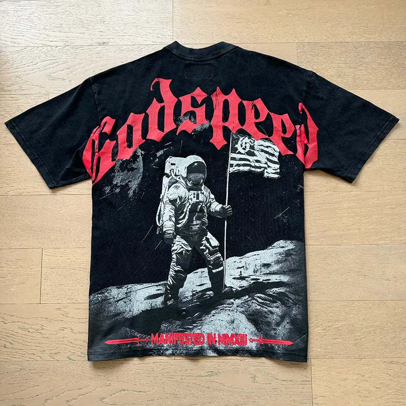 1082# P126 Washed Black Real Shot Godspeed American Fashion Rock Street Retro Washed Distressed Printed Pure Cotton Short Sleeves Fabric: 250g 32 Count Fine Cotton Double Yarn Pure Cotton Color: Washed Black Size: S M L XL