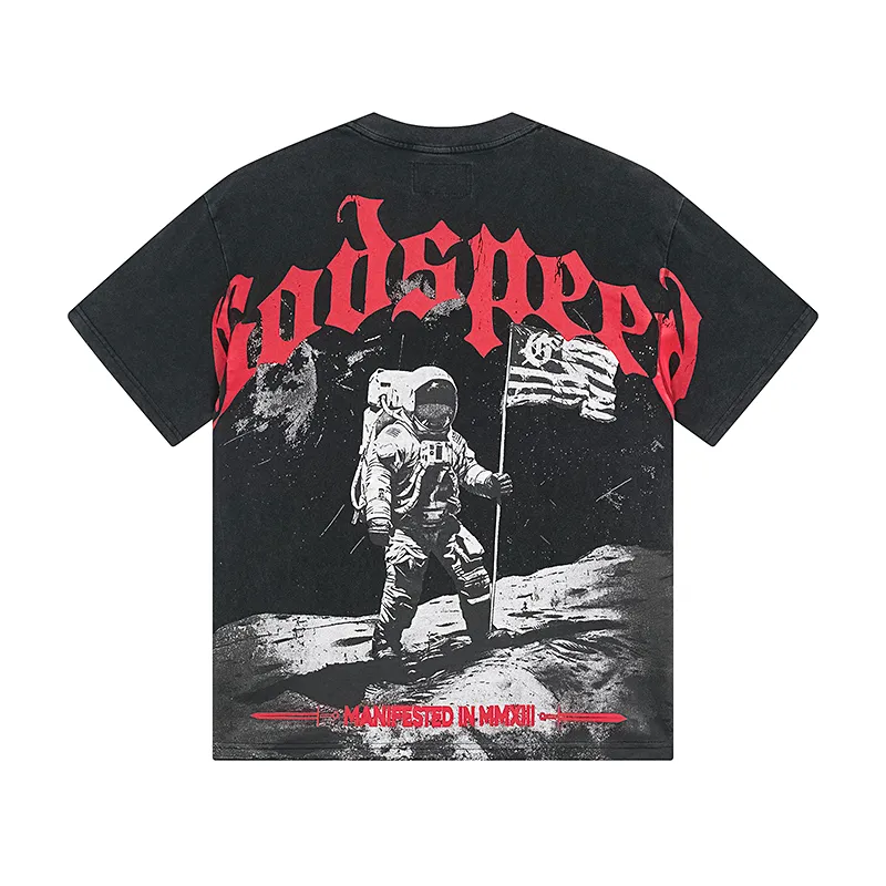 1082# P126 Washed Black Real Shot Godspeed American Fashion Rock Street Retro Washed Distressed Printed Pure Cotton Short Sleeves Fabric: 250g 32 Count Fine Cotton Double Yarn Pure Cotton Color: Washed Black Size: S M L XL
