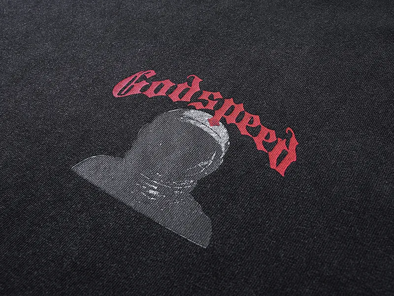 1082# P126 Washed Black Real Shot Godspeed American Fashion Rock Street Retro Washed Distressed Printed Pure Cotton Short Sleeves Fabric: 250g 32 Count Fine Cotton Double Yarn Pure Cotton Color: Washed Black Size: S M L XL