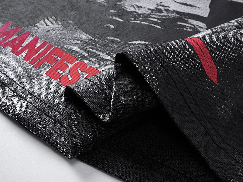 1082# P126 Washed Black Real Shot Godspeed American Fashion Rock Street Retro Washed Distressed Printed Pure Cotton Short Sleeves Fabric: 250g 32 Count Fine Cotton Double Yarn Pure Cotton Color: Washed Black Size: S M L XL