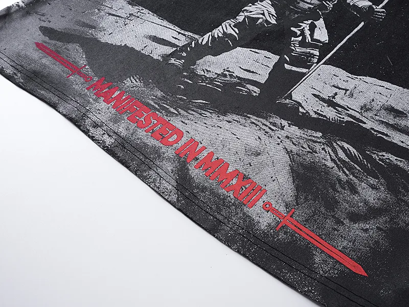 1082# P126 Washed Black Real Shot Godspeed American Fashion Rock Street Retro Washed Distressed Printed Pure Cotton Short Sleeves Fabric: 250g 32 Count Fine Cotton Double Yarn Pure Cotton Color: Washed Black Size: S M L XL
