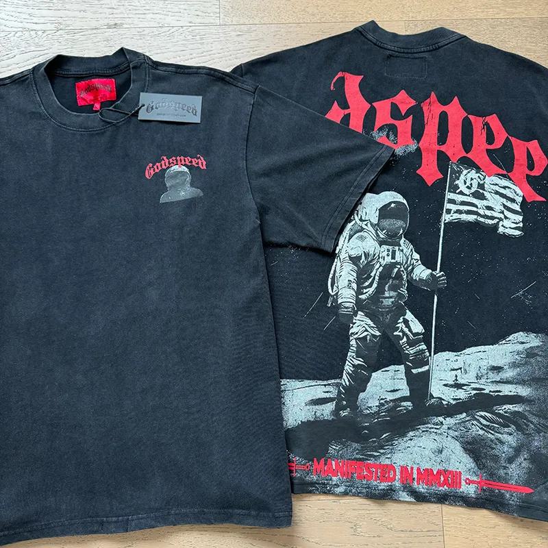 1082# P126 Washed Black Real Shot Godspeed American Fashion Rock Street Retro Washed Distressed Printed Pure Cotton Short Sleeves Fabric: 250g 32 Count Fine Cotton Double Yarn Pure Cotton Color: Washed Black Size: S M L XL