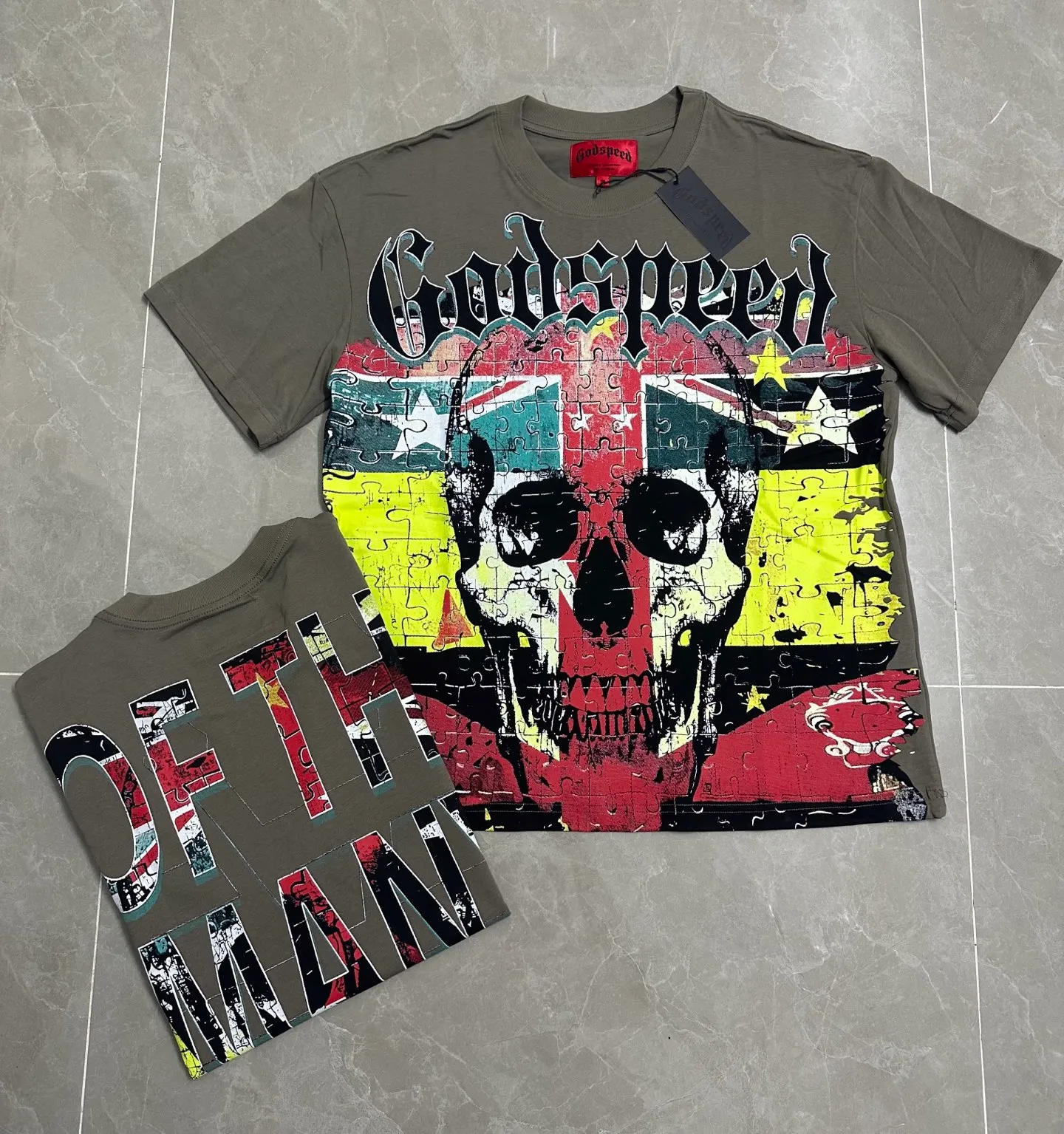 5136#Army Green | P106 Real-stock Godspeed cross-border American rock and roll street wash retro style short-sleeved T (craft printing) fabric (fabric) 32 counts combed double yarn 240 grams weight code number (size): S-M-L-XL color (colour): military green