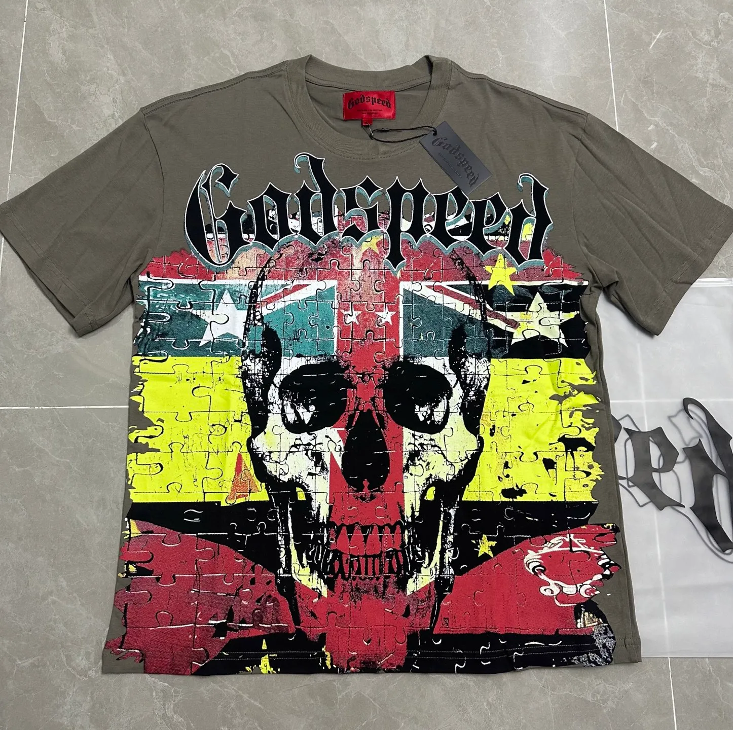 5136#Army Green | P106 Real-stock Godspeed cross-border American rock and roll street wash retro style short-sleeved T (craft printing) fabric (fabric) 32 counts combed double yarn 240 grams weight code number (size): S-M-L-XL color (colour): military green