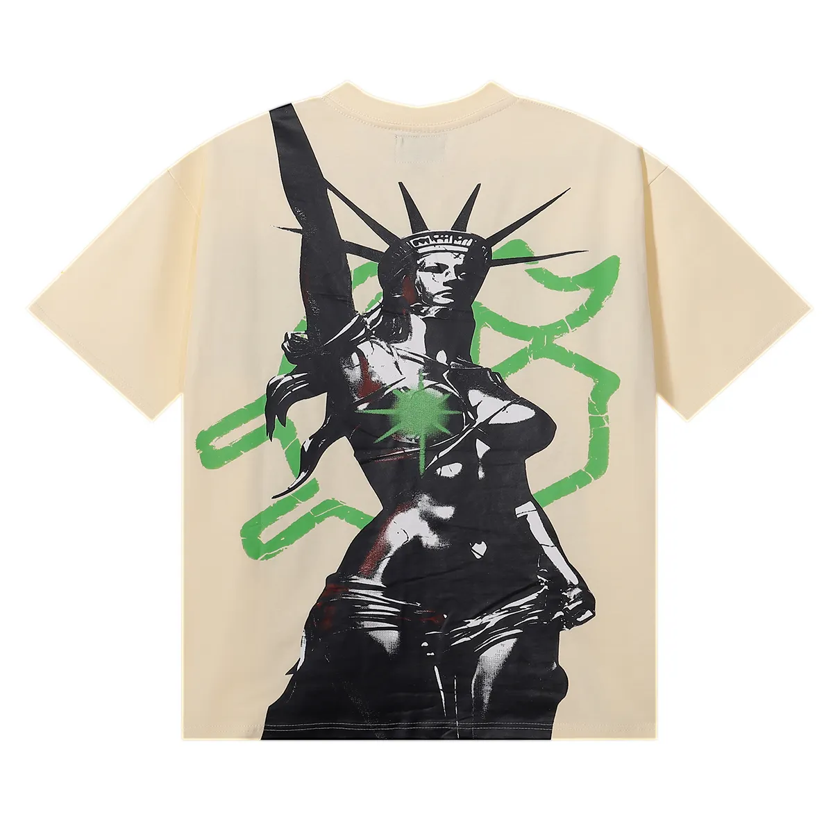 No. 7067, Mechao Godspeed mosaic Statue of Liberty print high quality double yarn pure cotton casual short-sleeved T-shirt batch 110 Color: black, apricot; Size: S M L XL