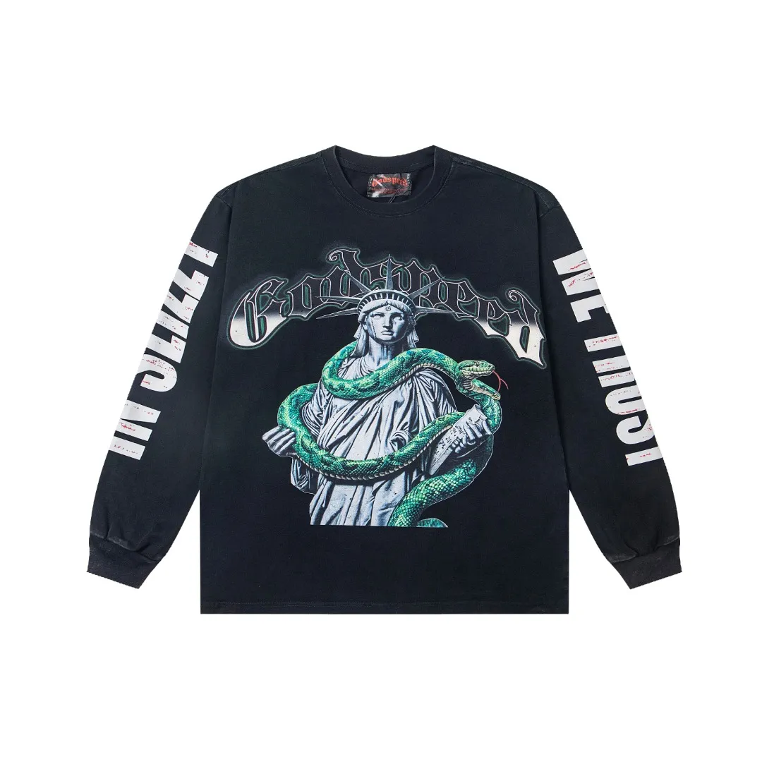G38# GodSpeed ​​White Ink Direct Jet Washed Long Sleeve S-XL Size Washed Black P156