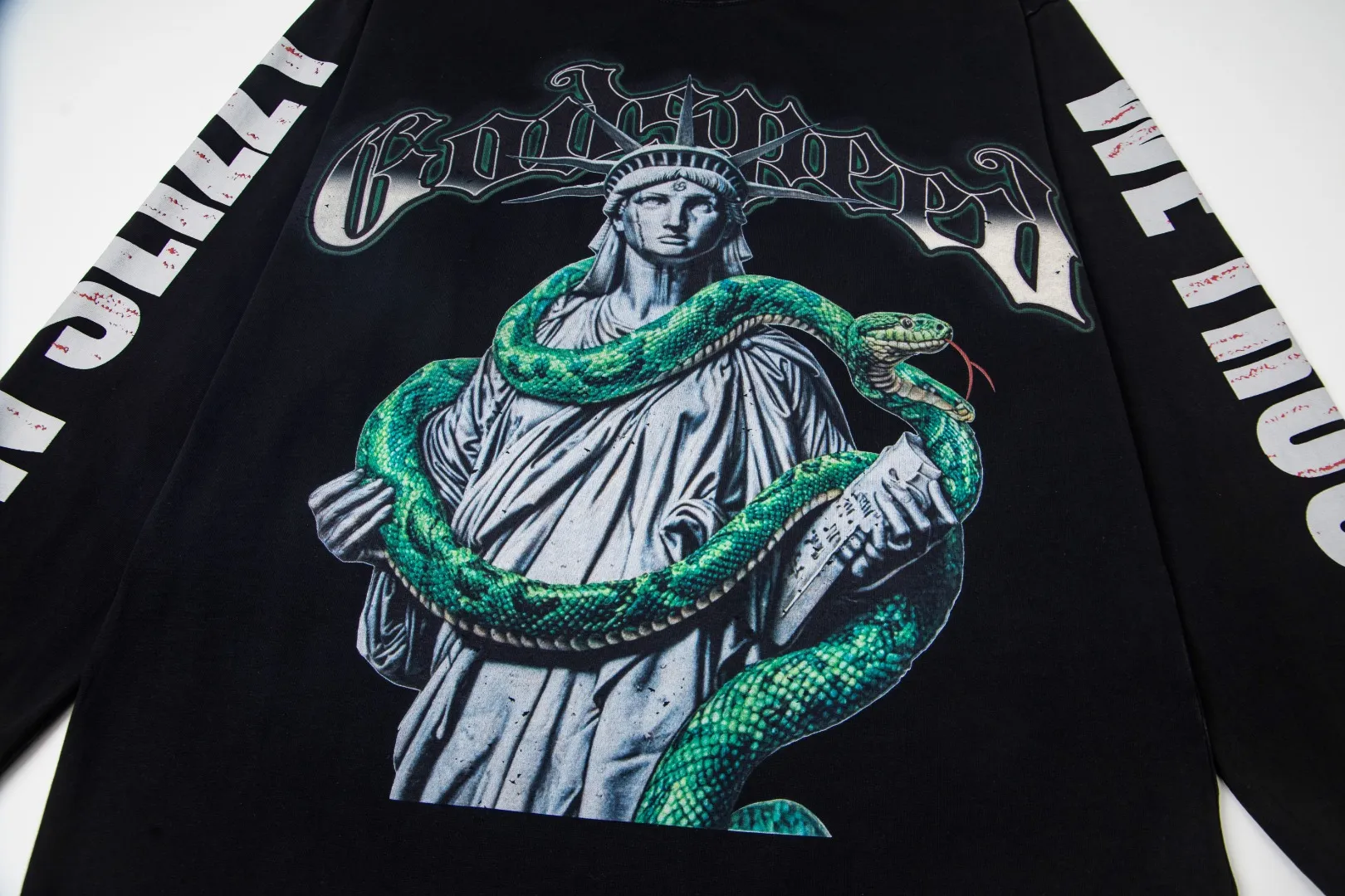 G38# GodSpeed ​​White Ink Direct Jet Washed Long Sleeve S-XL Size Washed Black P156