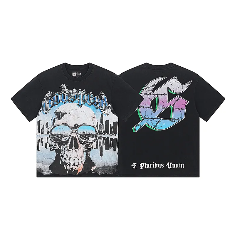1037# P126 Washed Black Real Shot Godspeed American Fashion Rock Street Retro Washed Distressed Printed Pure Cotton Short Sleeves Fabric: 250g 32 Count Fine Cotton Double Yarn Pure Cotton Color: Washed Black Size: S M L XL