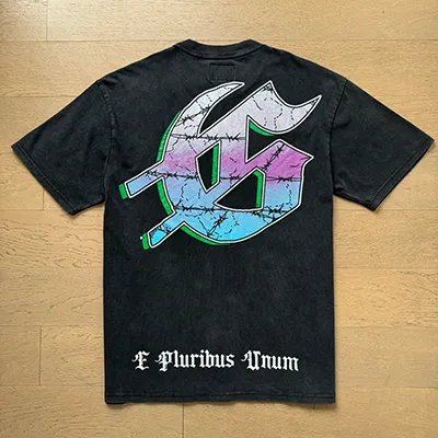 1037# P126 Washed Black Real Shot Godspeed American Fashion Rock Street Retro Washed Distressed Printed Pure Cotton Short Sleeves Fabric: 250g 32 Count Fine Cotton Double Yarn Pure Cotton Color: Washed Black Size: S M L XL