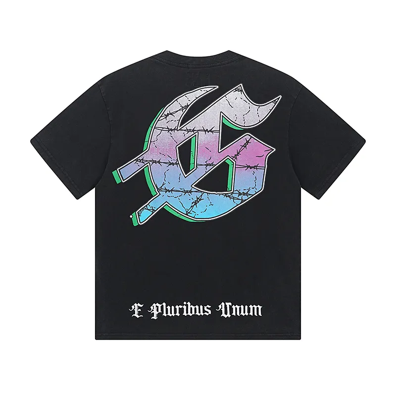 1037# P126 Washed Black Real Shot Godspeed American Fashion Rock Street Retro Washed Distressed Printed Pure Cotton Short Sleeves Fabric: 250g 32 Count Fine Cotton Double Yarn Pure Cotton Color: Washed Black Size: S M L XL