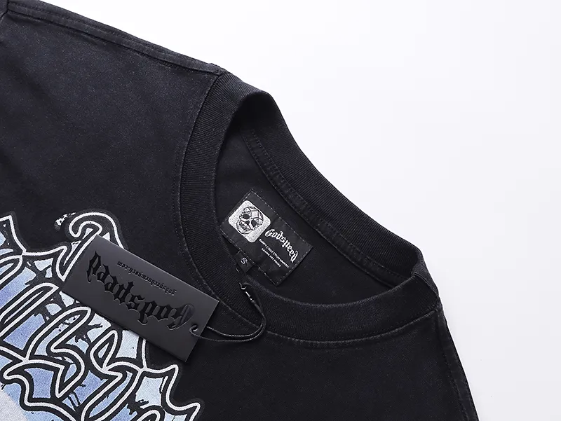 1037# P126 Washed Black Real Shot Godspeed American Fashion Rock Street Retro Washed Distressed Printed Pure Cotton Short Sleeves Fabric: 250g 32 Count Fine Cotton Double Yarn Pure Cotton Color: Washed Black Size: S M L XL