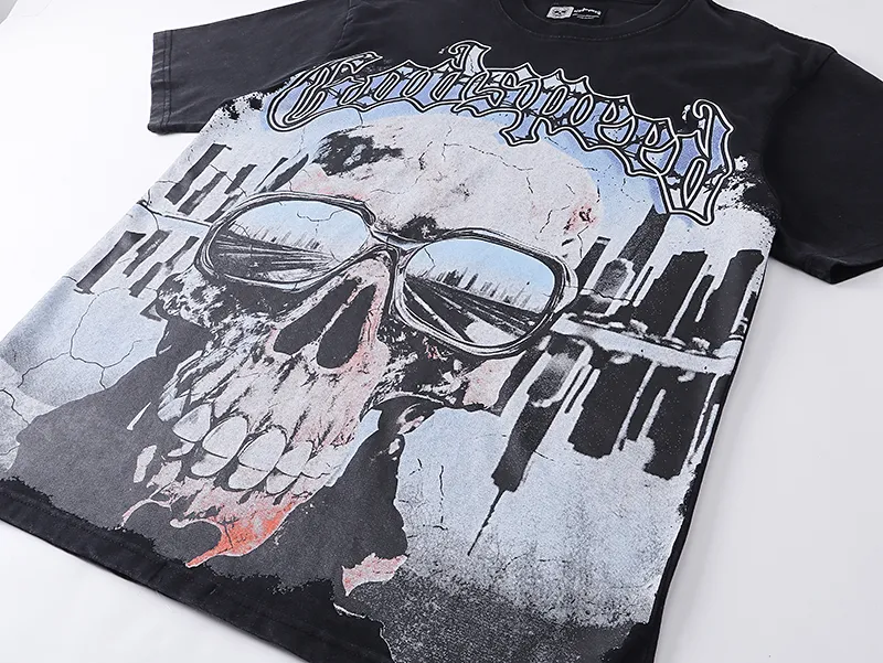 1037# P126 Washed Black Real Shot Godspeed American Fashion Rock Street Retro Washed Distressed Printed Pure Cotton Short Sleeves Fabric: 250g 32 Count Fine Cotton Double Yarn Pure Cotton Color: Washed Black Size: S M L XL