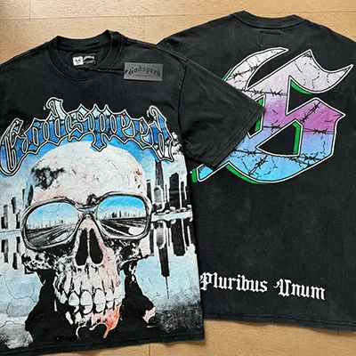 1037# P126 Washed Black Real Shot Godspeed American Fashion Rock Street Retro Washed Distressed Printed Pure Cotton Short Sleeves Fabric: 250g 32 Count Fine Cotton Double Yarn Pure Cotton Color: Washed Black Size: S M L XL