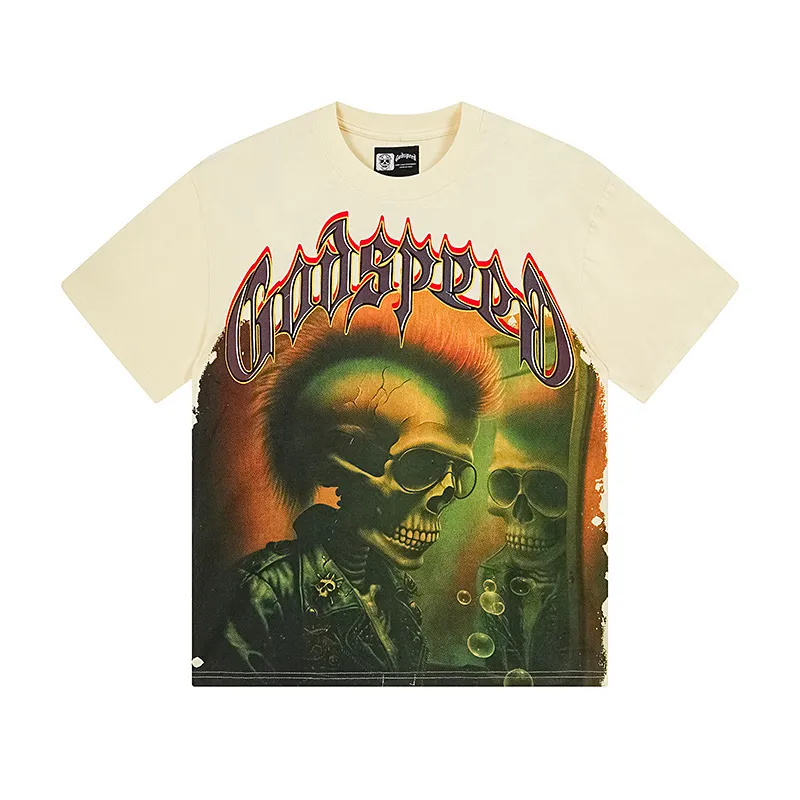 3169# P106 Real shot Godspeed American fashion rock street retro loose printed cotton short sleeves Fabric: 240g 32 count fine cotton double yarn pure cotton Color: apricot Size: S M L XL