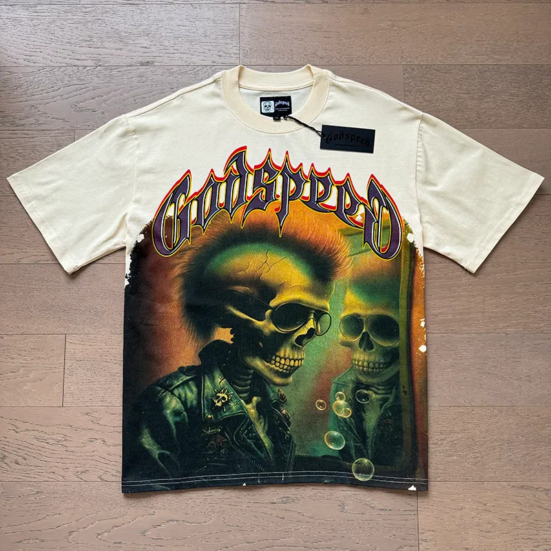 3169# P106 Real shot Godspeed American fashion rock street retro loose printed cotton short sleeves Fabric: 240g 32 count fine cotton double yarn pure cotton Color: apricot Size: S M L XL