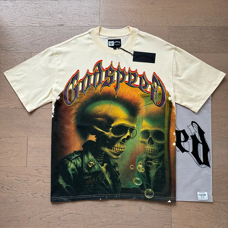 3169# P106 Real shot Godspeed American fashion rock street retro loose printed cotton short sleeves Fabric: 240g 32 count fine cotton double yarn pure cotton Color: apricot Size: S M L XL