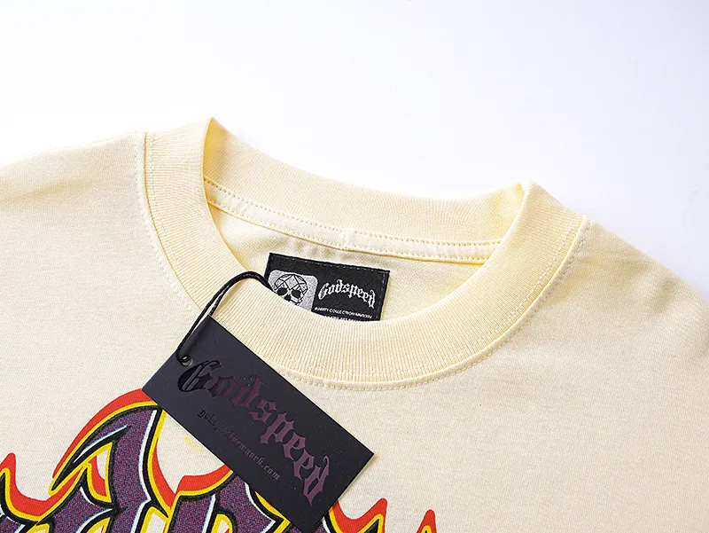 3169# P106 Real shot Godspeed American fashion rock street retro loose printed cotton short sleeves Fabric: 240g 32 count fine cotton double yarn pure cotton Color: apricot Size: S M L XL