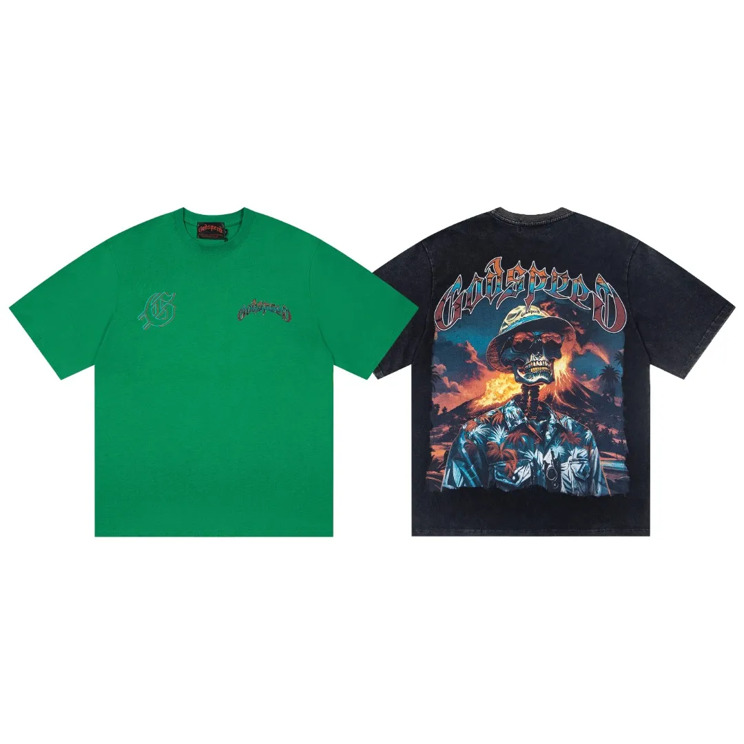 G62# GodSpeed ​​White Ink Direct Print Short Sleeve S-XL Size Washed Black P126 Green P116 Yellow P116