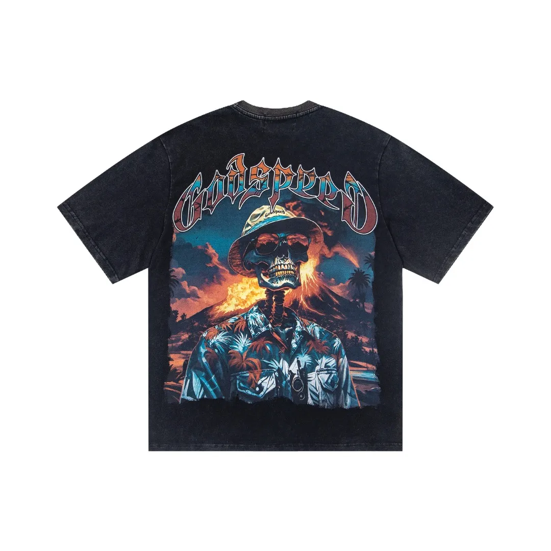 G62# GodSpeed ​​White Ink Direct Print Short Sleeve S-XL Size Washed Black P126 Green P116 Yellow P116