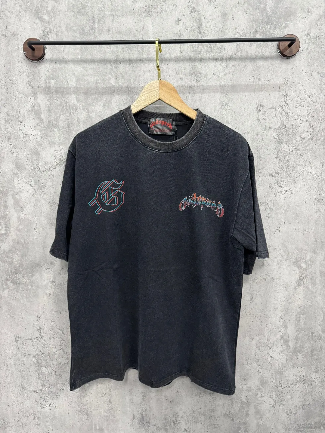 G62# GodSpeed ​​White Ink Direct Print Short Sleeve S-XL Size Washed Black P126 Green P116 Yellow P116
