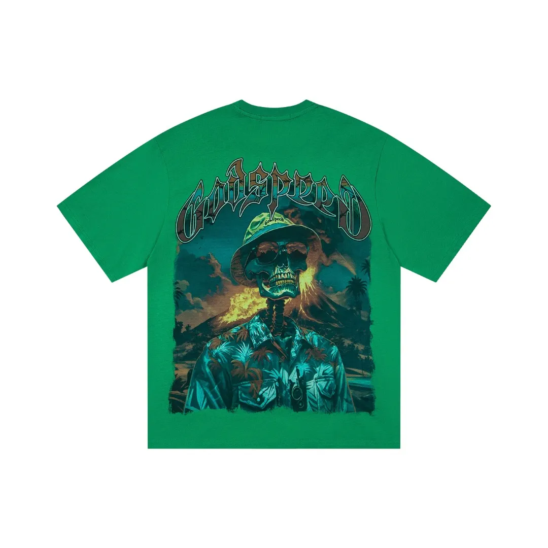 G62# GodSpeed ​​White Ink Direct Print Short Sleeve S-XL Size Washed Black P126 Green P116 Yellow P116