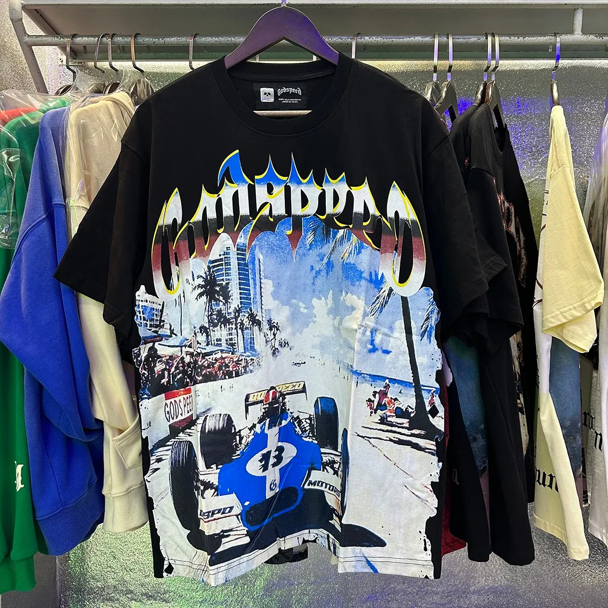 Actual photo, No. 7078, Mechao Godspeed beach road racing print high quality double yarn pure cotton casual short-sleeved T-shirt batch 110 Color: black, blue; Size: S M L XL