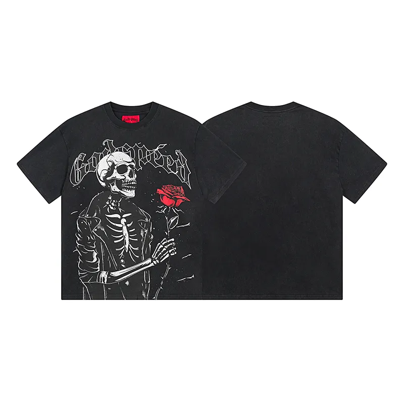 1095# P126 Washed Black Real Shot Godspeed American Fashion Rock Street Retro Washed Distressed Printed Pure Cotton Short Sleeves Fabric: 250g 32 Count Fine Cotton Double Yarn Pure Cotton Color: Washed Black Size: S M L XL