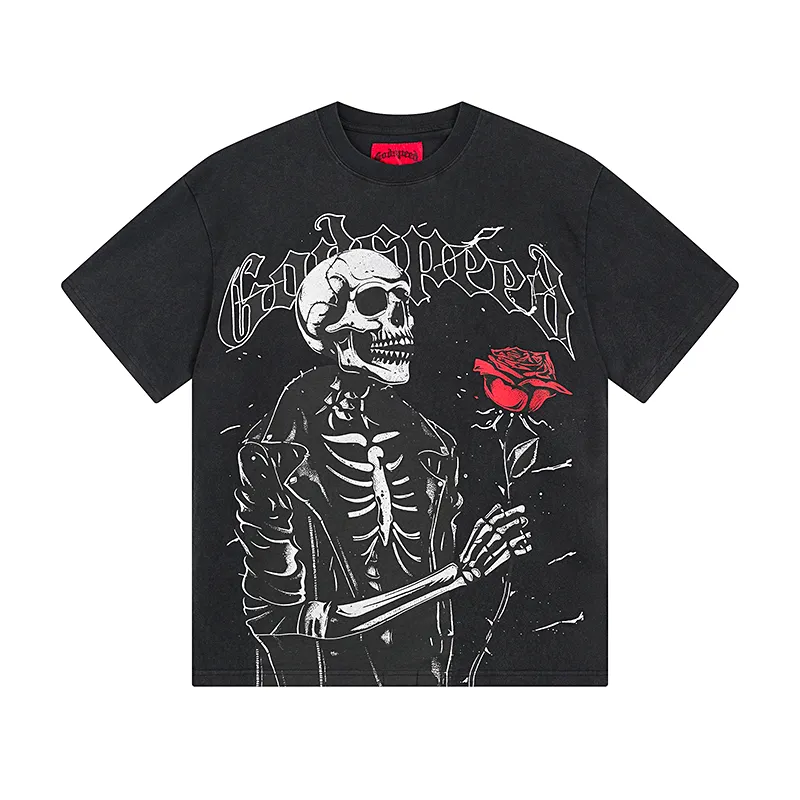 1095# P126 Washed Black Real Shot Godspeed American Fashion Rock Street Retro Washed Distressed Printed Pure Cotton Short Sleeves Fabric: 250g 32 Count Fine Cotton Double Yarn Pure Cotton Color: Washed Black Size: S M L XL