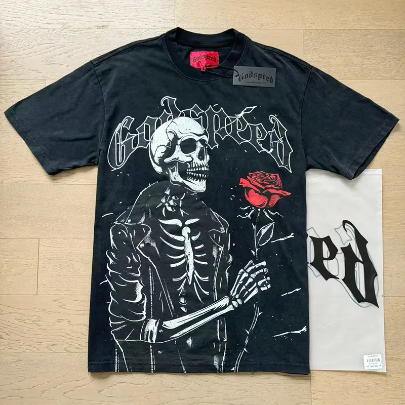 1095# P126 Washed Black Real Shot Godspeed American Fashion Rock Street Retro Washed Distressed Printed Pure Cotton Short Sleeves Fabric: 250g 32 Count Fine Cotton Double Yarn Pure Cotton Color: Washed Black Size: S M L XL