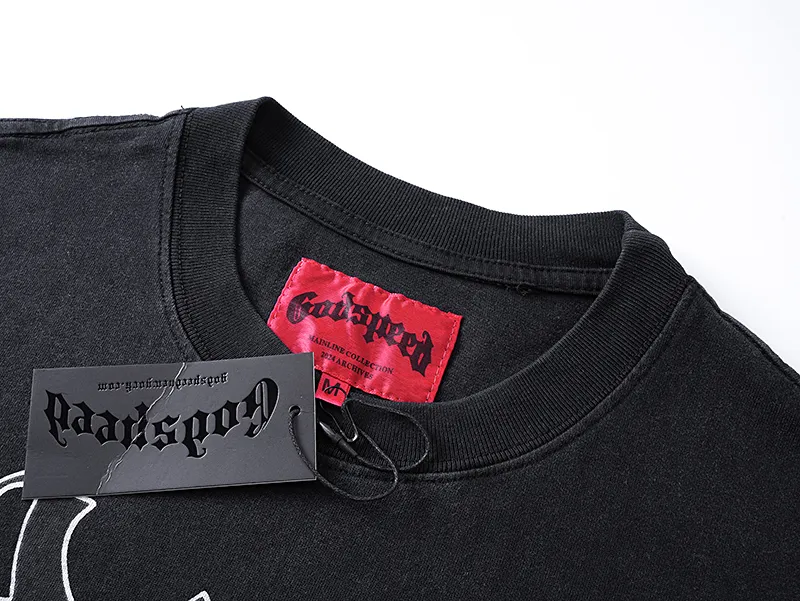 1095# P126 Washed Black Real Shot Godspeed American Fashion Rock Street Retro Washed Distressed Printed Pure Cotton Short Sleeves Fabric: 250g 32 Count Fine Cotton Double Yarn Pure Cotton Color: Washed Black Size: S M L XL