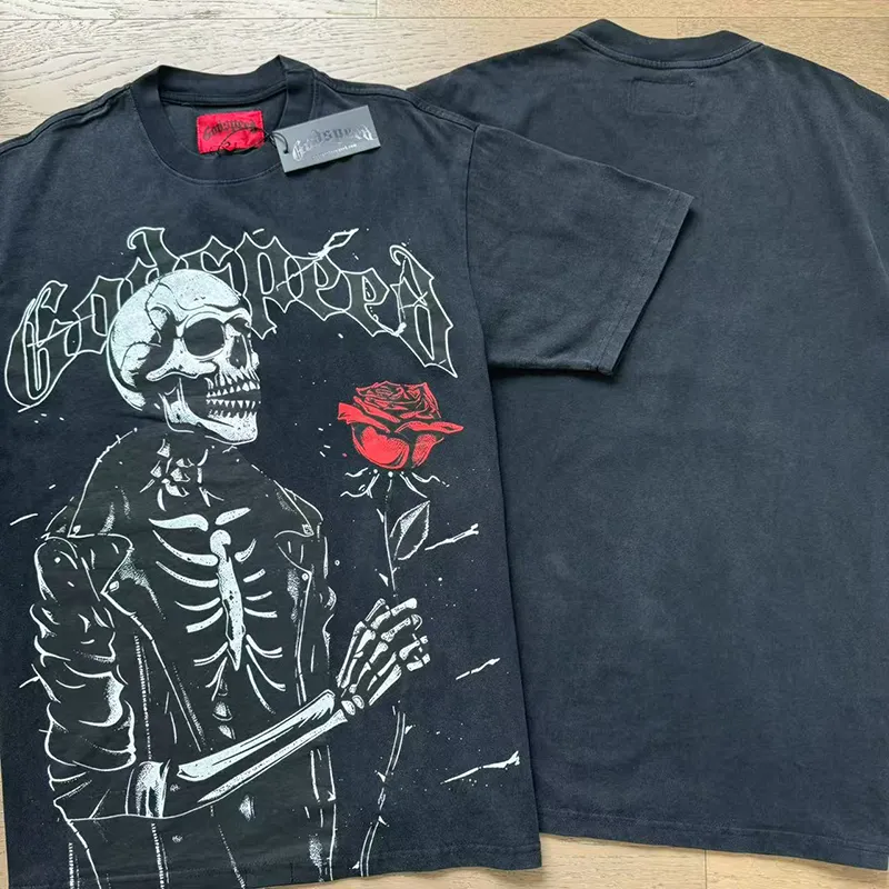 1095# P126 Washed Black Real Shot Godspeed American Fashion Rock Street Retro Washed Distressed Printed Pure Cotton Short Sleeves Fabric: 250g 32 Count Fine Cotton Double Yarn Pure Cotton Color: Washed Black Size: S M L XL