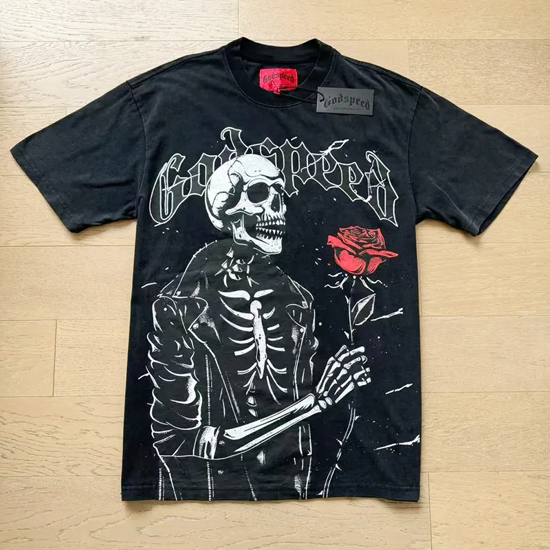 1095# P126 Washed Black Real Shot Godspeed American Fashion Rock Street Retro Washed Distressed Printed Pure Cotton Short Sleeves Fabric: 250g 32 Count Fine Cotton Double Yarn Pure Cotton Color: Washed Black Size: S M L XL