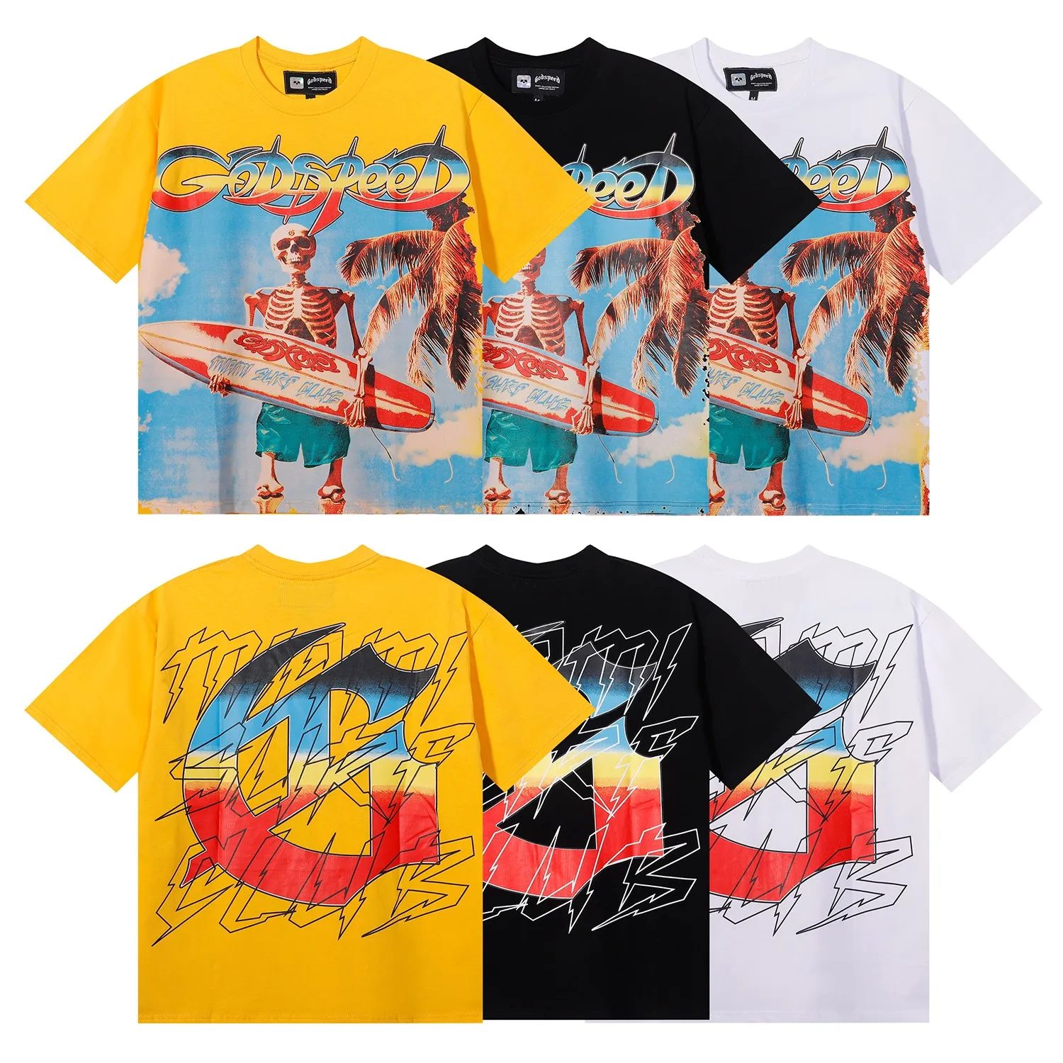 No. 7073, Mechao Godspeed beach skull surfboard print high quality double yarn pure cotton casual short-sleeved T-shirt batch 110 Color: black, white, yellow; Size: S M L XL