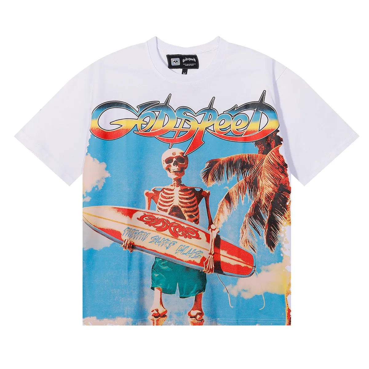 No. 7073, Mechao Godspeed beach skull surfboard print high quality double yarn pure cotton casual short-sleeved T-shirt batch 110 Color: black, white, yellow; Size: S M L XL