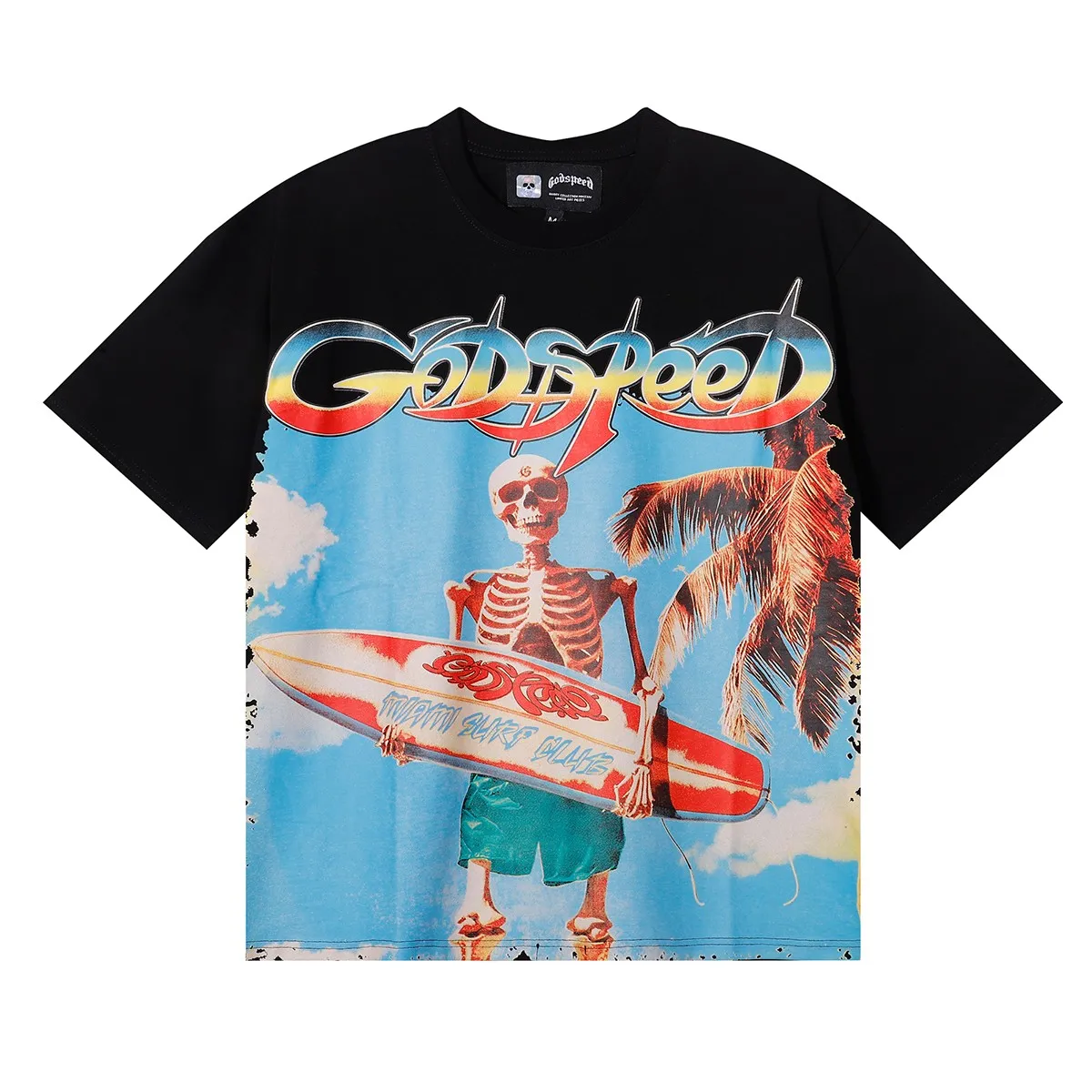 No. 7073, Mechao Godspeed beach skull surfboard print high quality double yarn pure cotton casual short-sleeved T-shirt batch 110 Color: black, white, yellow; Size: S M L XL