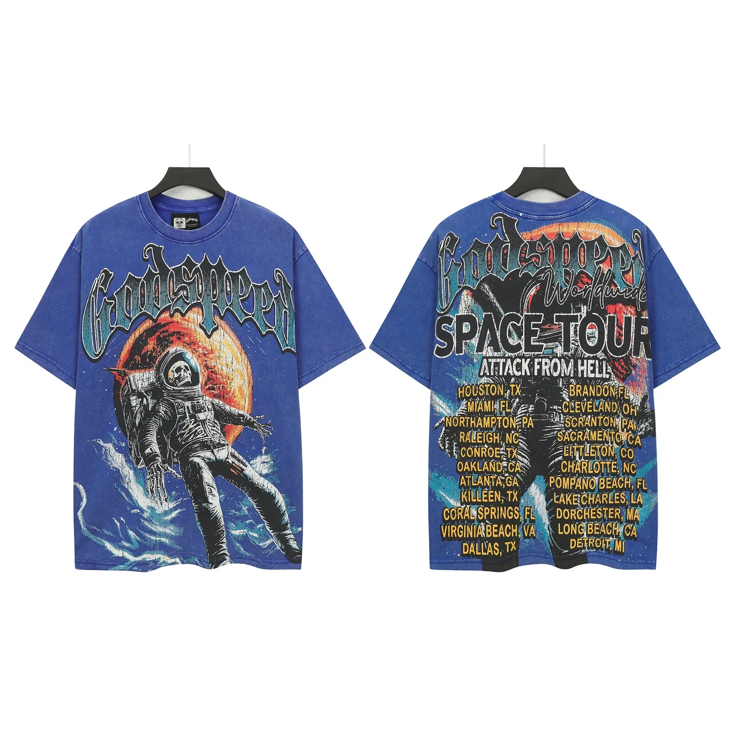 6131# Washed Vintage Klein Blue I P116 Real Spot (American Trendy Niche) Godspeed Cross-Border American Rock Street Washed Retro Style Short Sleeve T (Craft Printing) Fabric (fabric): 32 Count Combed Double Yarn 250g Weight Code Number (size): S-M-L-XL Color (colour): Washed Klein Blue