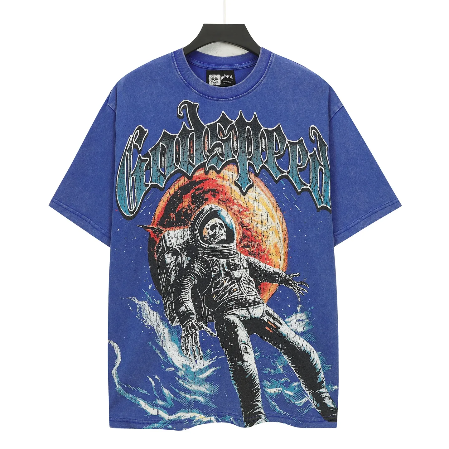 6131# Washed Vintage Klein Blue I P116 Real Spot (American Trendy Niche) Godspeed Cross-Border American Rock Street Washed Retro Style Short Sleeve T (Craft Printing) Fabric (fabric): 32 Count Combed Double Yarn 250g Weight Code Number (size): S-M-L-XL Color (colour): Washed Klein Blue