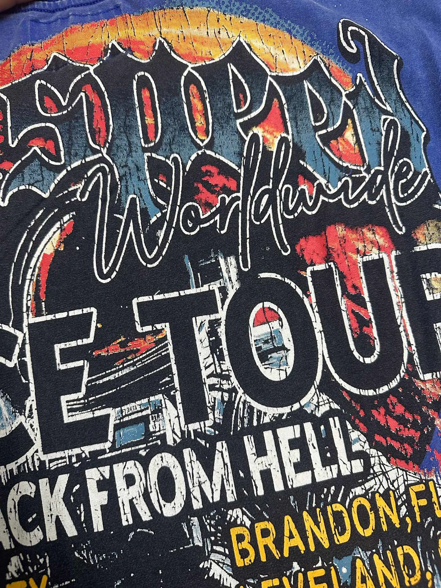 6131# Washed Vintage Klein Blue I P116 Real Spot (American Trendy Niche) Godspeed Cross-Border American Rock Street Washed Retro Style Short Sleeve T (Craft Printing) Fabric (fabric): 32 Count Combed Double Yarn 250g Weight Code Number (size): S-M-L-XL Color (colour): Washed Klein Blue