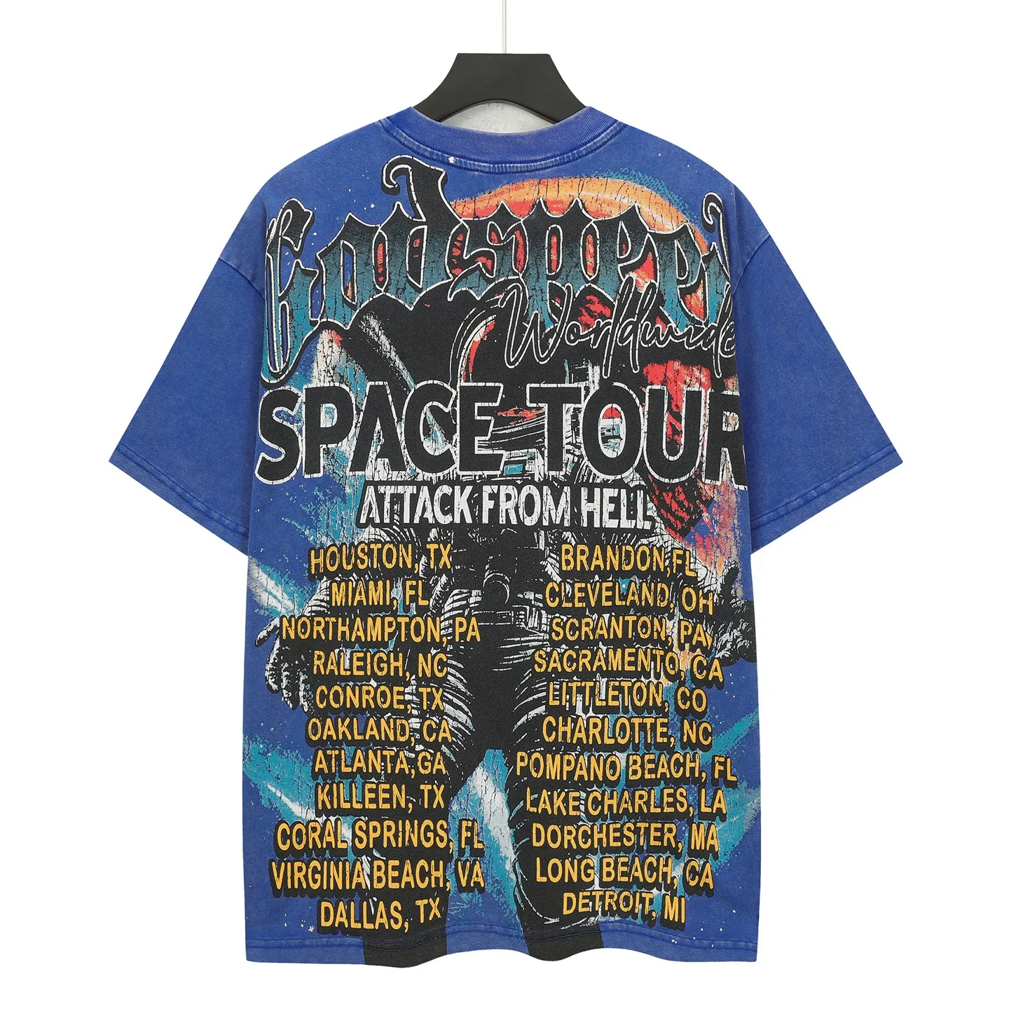 6131# Washed Vintage Klein Blue I P116 Real Spot (American Trendy Niche) Godspeed Cross-Border American Rock Street Washed Retro Style Short Sleeve T (Craft Printing) Fabric (fabric): 32 Count Combed Double Yarn 250g Weight Code Number (size): S-M-L-XL Color (colour): Washed Klein Blue