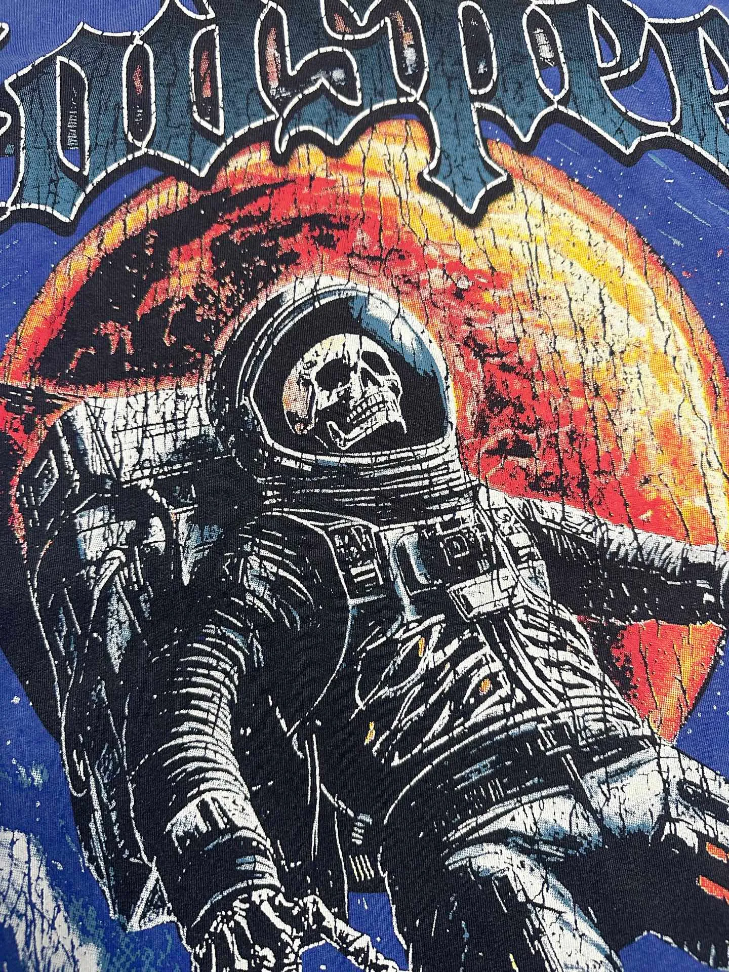 6131# Washed Vintage Klein Blue I P116 Real Spot (American Trendy Niche) Godspeed Cross-Border American Rock Street Washed Retro Style Short Sleeve T (Craft Printing) Fabric (fabric): 32 Count Combed Double Yarn 250g Weight Code Number (size): S-M-L-XL Color (colour): Washed Klein Blue