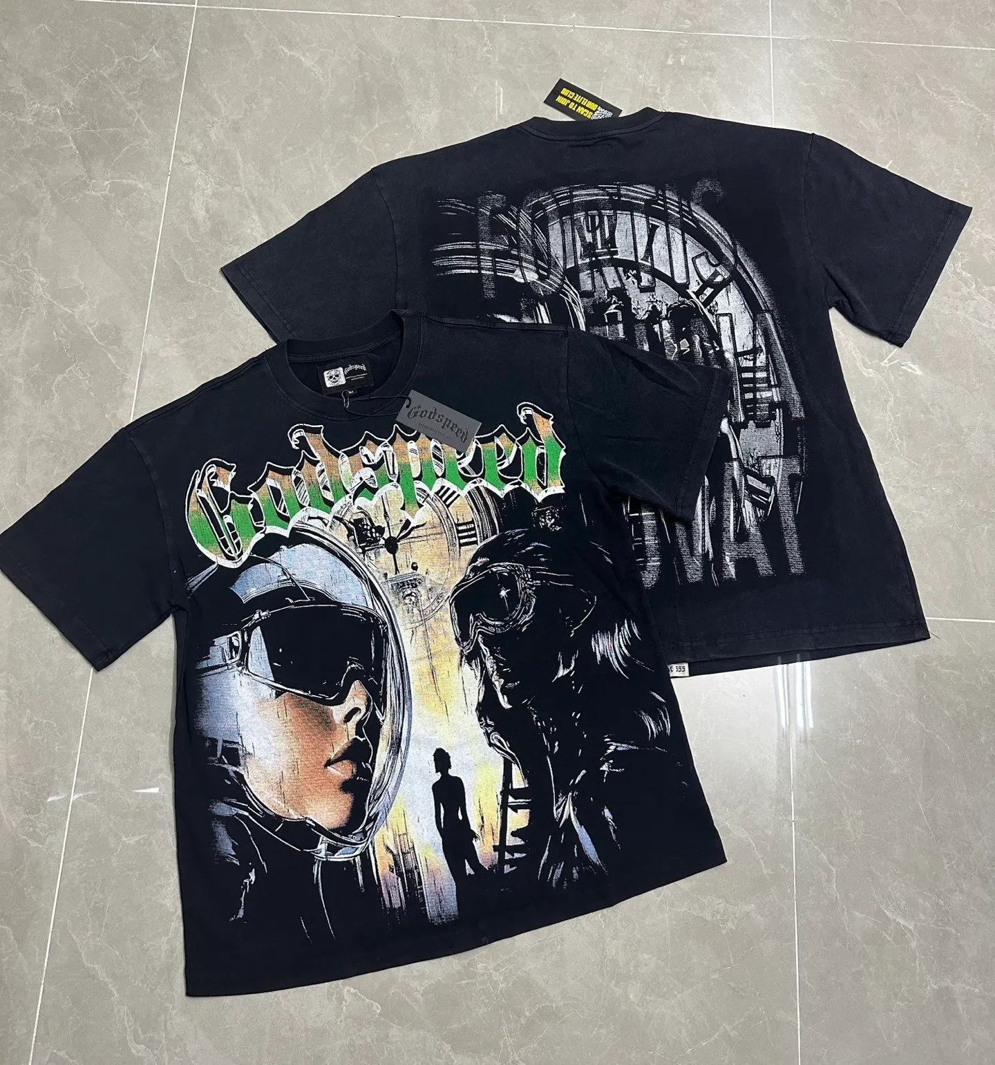 6128# Washed black I P116 Real stock (American fashion niche) - New Godspeed cross-border American rock street washed retro style short-sleeved T (craft printing) Fabric (fabric): 32 counts combed double yarn 250 grams weight Size (size): S-M-L-XL Color (colour): Washed black